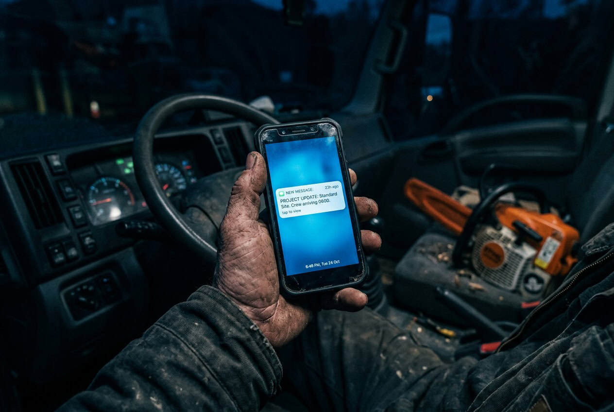 Lead notification on a phone beside a tree service truck