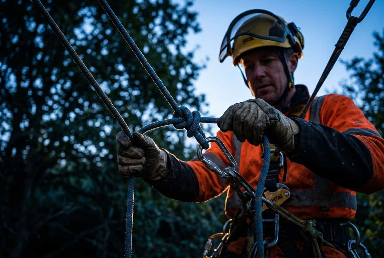 Arborist rope and climbing detail during tree work