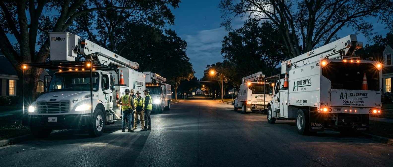 Tree service fleet lined up at night with headlights on