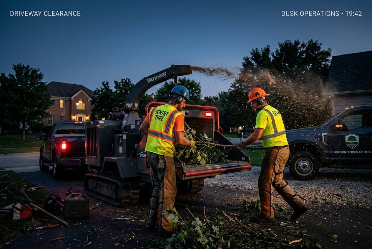 Ground crew working near a chipper truck at twilight
