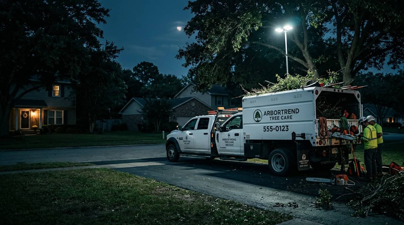 Tree service truck with equipment lit at night